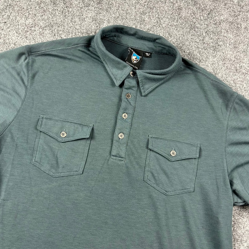 Kuhl Polo Shirt Mens Large Green Short Sleeve Dual Pocket Tencel Blend Outdoor